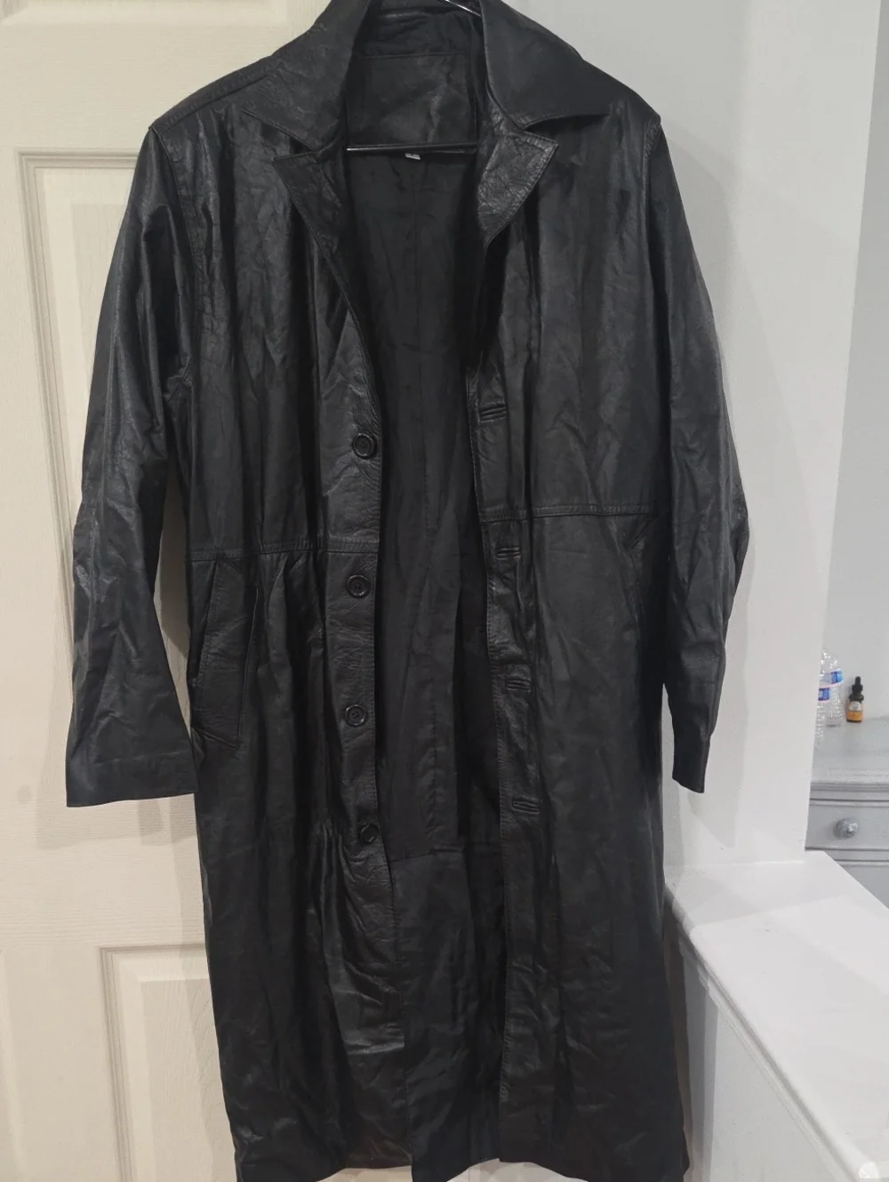 Long Black Leather Trench Coat